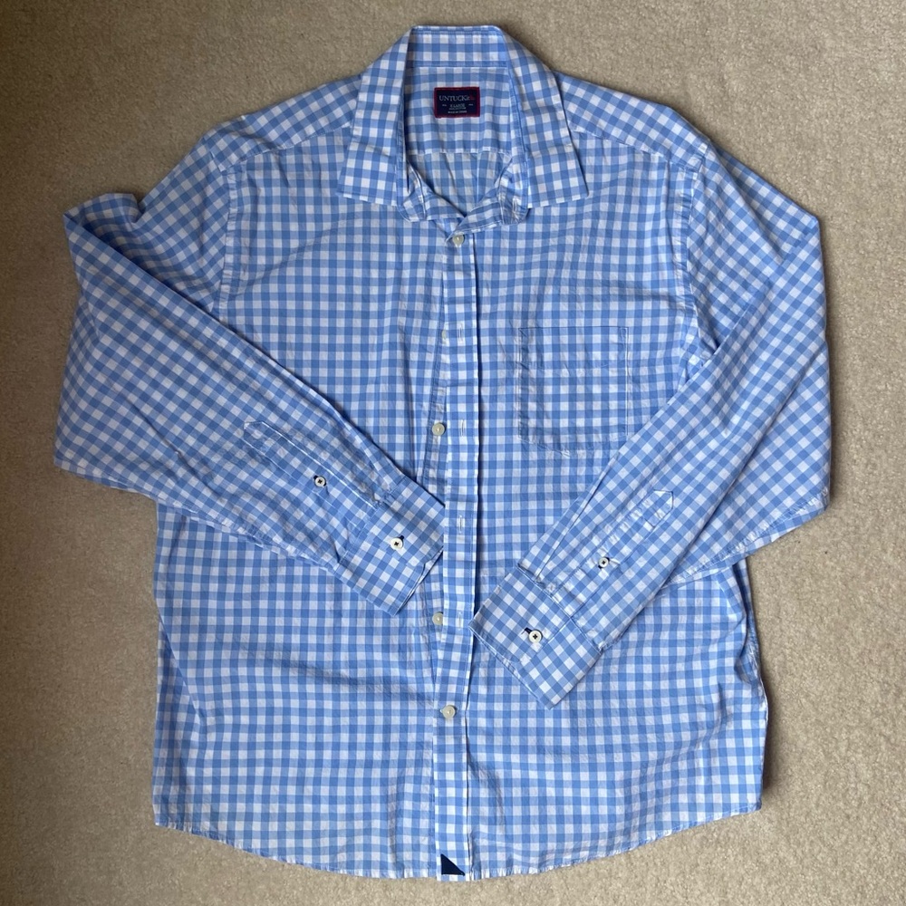 Untuckit Blue and White Plaid Long Sleeve Shirt, Men’s size XL